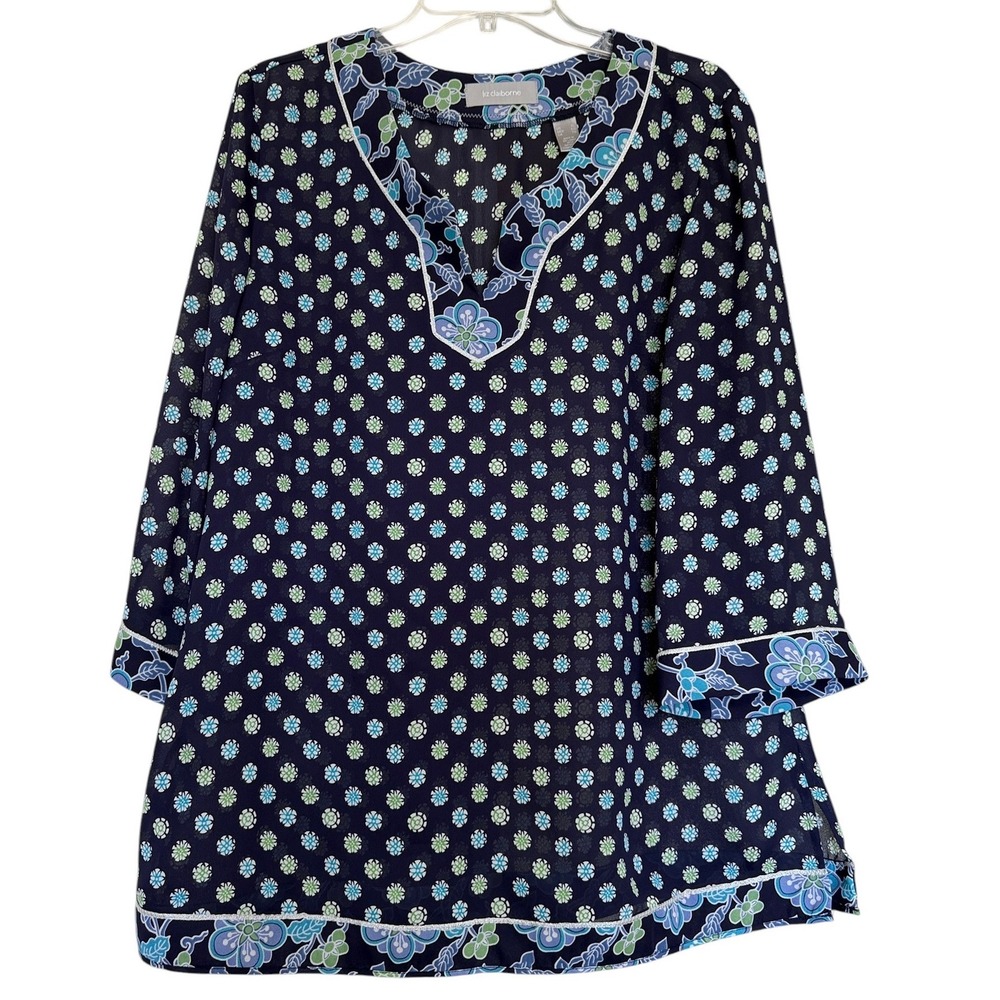 Liz Claiborne Womens XL Navy Blue Floral Medallion Tunic Split V-Neck 3/4 Sleeve